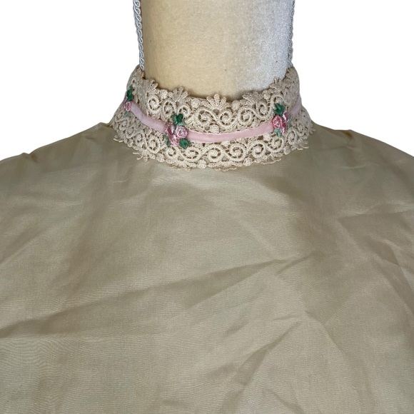 Vintage 60s 70s Empire Gown White Pink Organza Lace Ribbon Trim Formal Dress - Picture 4 of 16